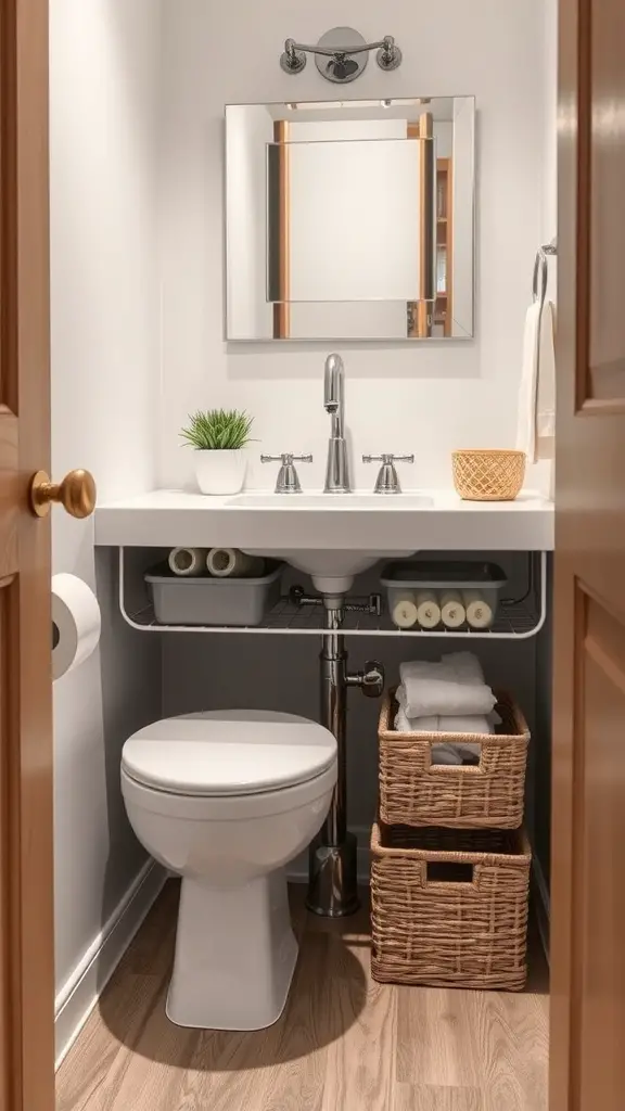 A small toilet room featuring a clean sink with organized storage underneath, including baskets and rolls of towels.