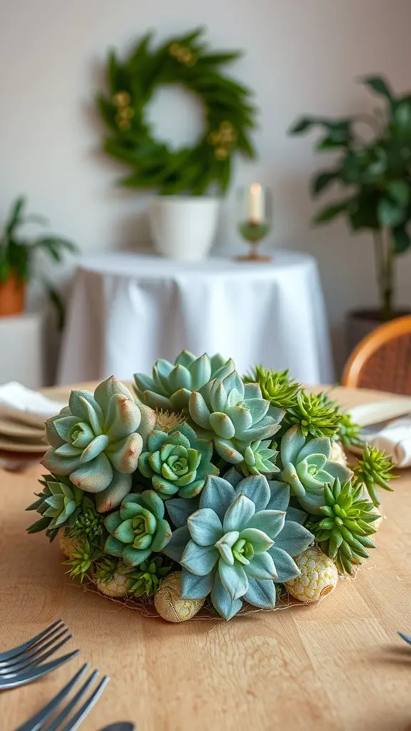 A beautiful arrangement of various succulents in a centerpiece on a wooden table.