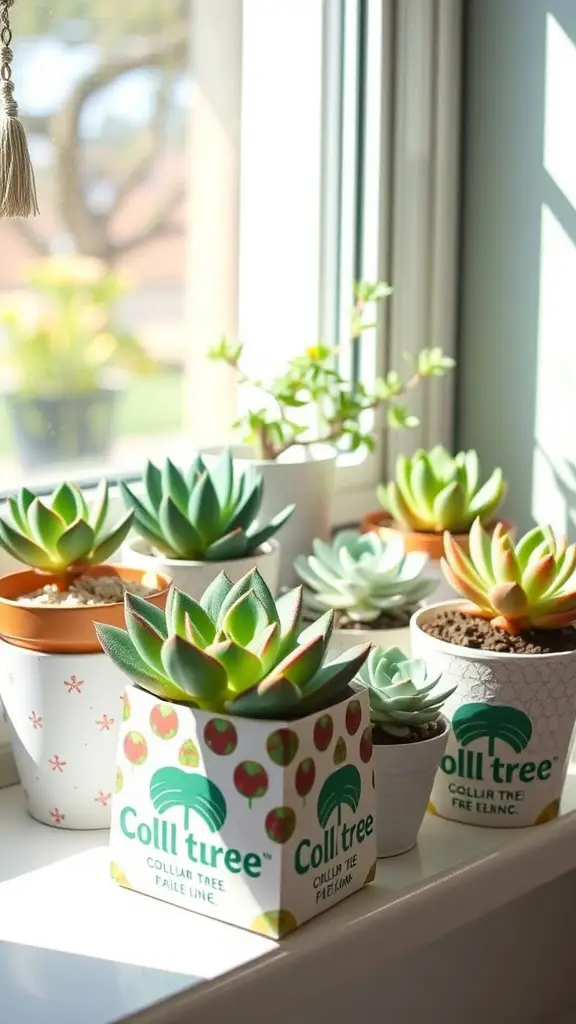 A sunny window display featuring various succulent plants in colorful Dollar Tree containers.