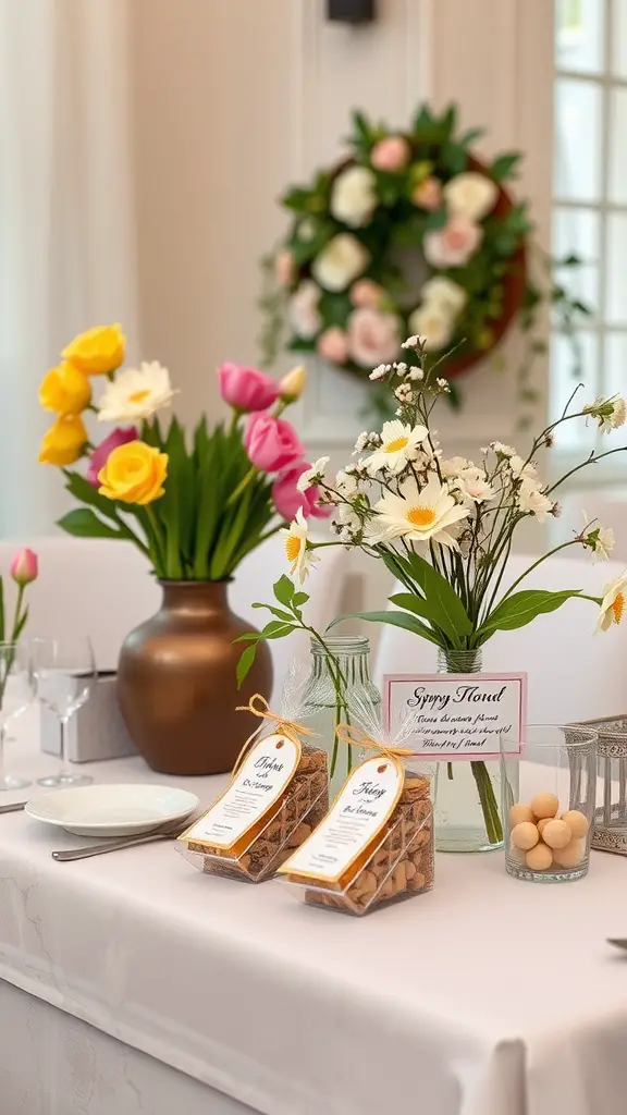 A spring-themed table setting with colorful flowers, treat favors, and elegant tableware.