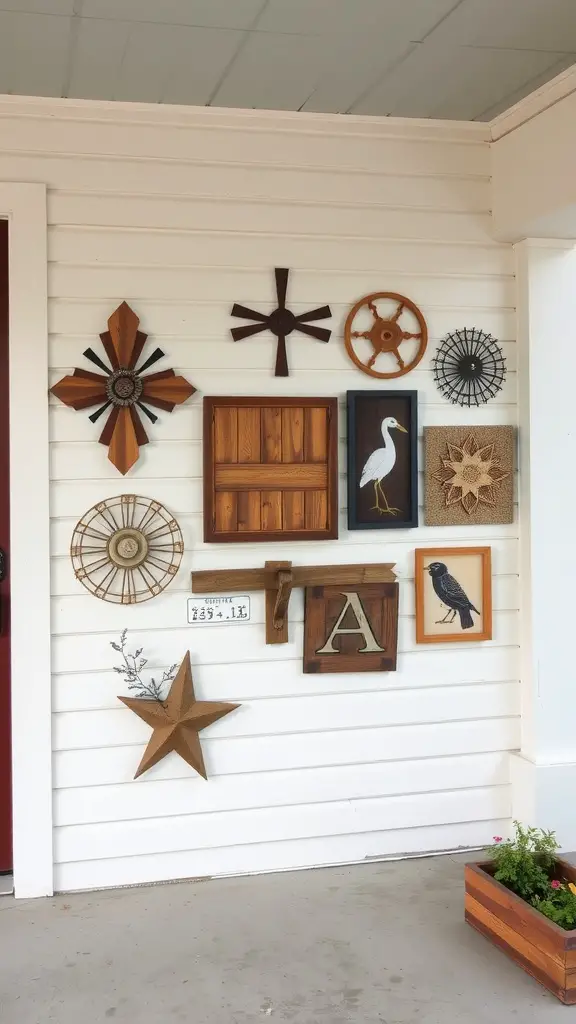 A variety of wall art pieces displayed on a porch wall, including wooden stars, a framed bird, and decorative wheels.