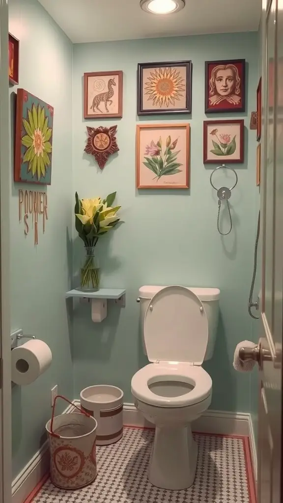 A small toilet room decorated with colorful wall art, including floral prints and a giraffe illustration, against a blue background.