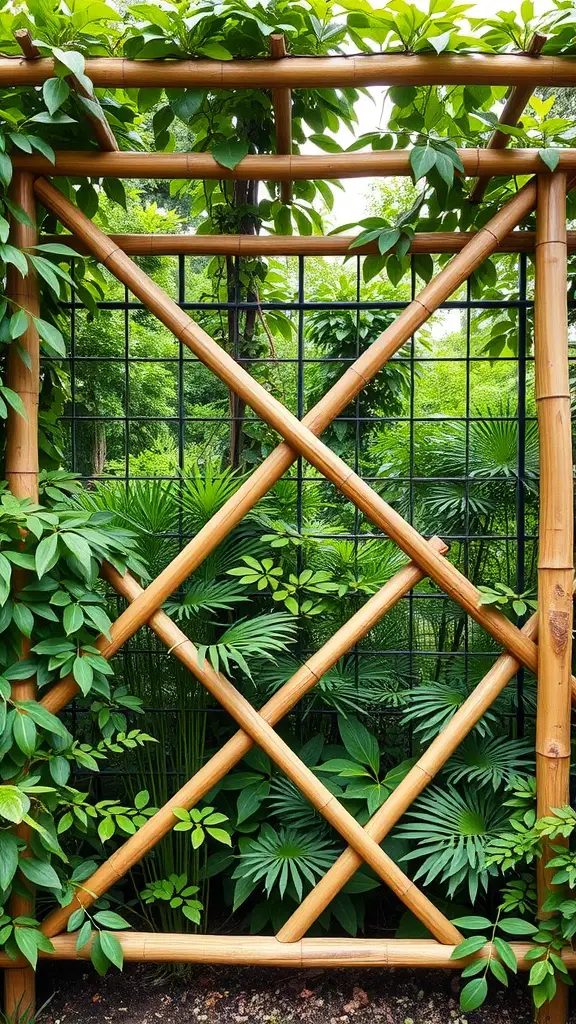 27 Creative DIY Garden Trellis Ideas for Your Outdoor Space 13 A crisscross bamboo trellis covered with green plants in a garden.