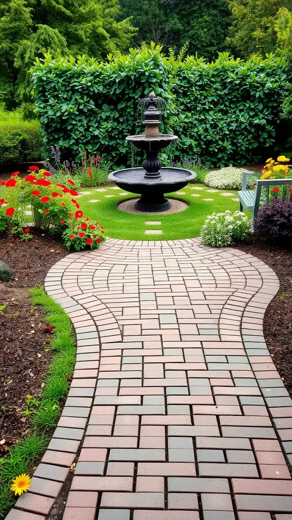 31 Creative Garden Walkway Ideas for Your Outdoor Space 9 Curved brick path leading to a fountain surrounded by colorful flowers and greenery.