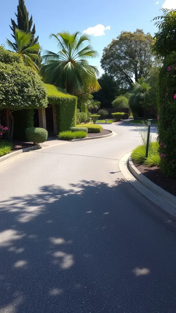Curved driveway surrounded by lush greenery