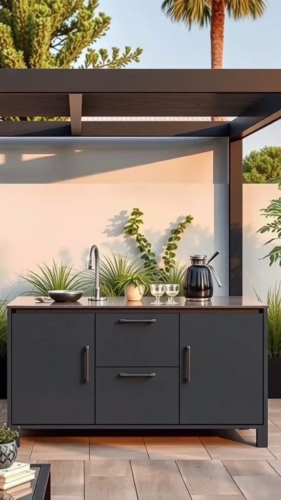 35 Creative Backyard Kitchen Ideas for Outdoor Cooking Enthusiasts 8 A sleek, modern outdoor kitchen unit with a sink, storage, and a beautiful backdrop of plants.