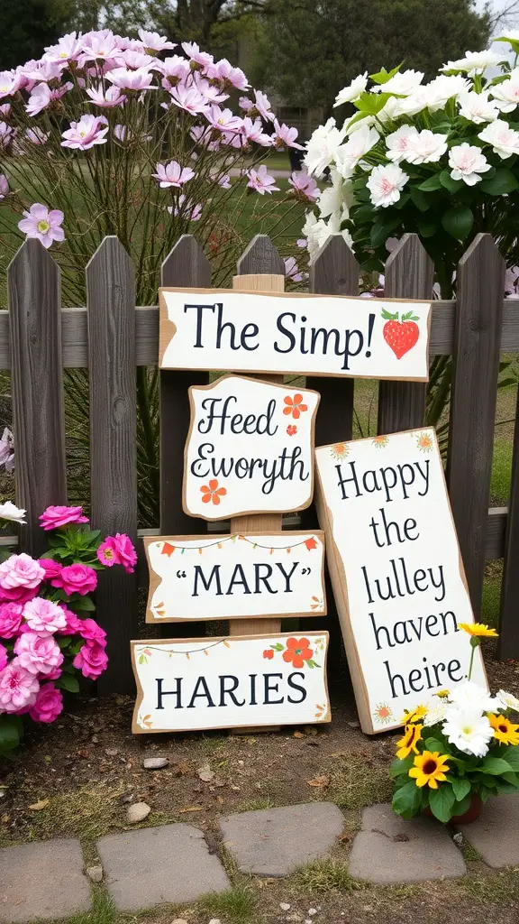 A collection of customizable wooden signs decorated with flowers in a garden setting.