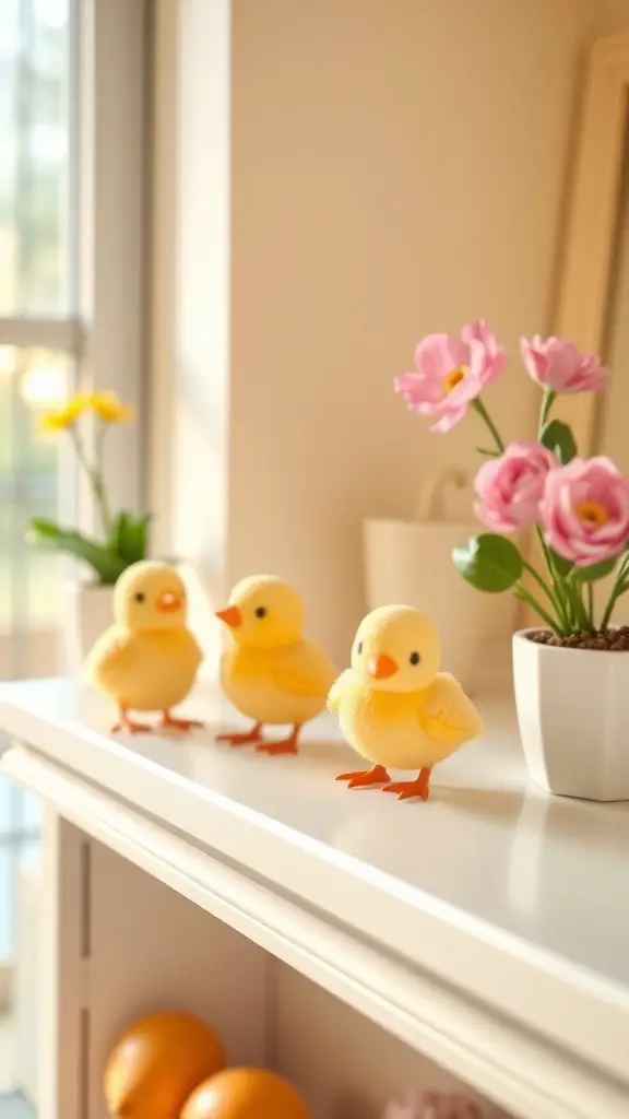 Three yellow chick decor items on a shelf beside flowers