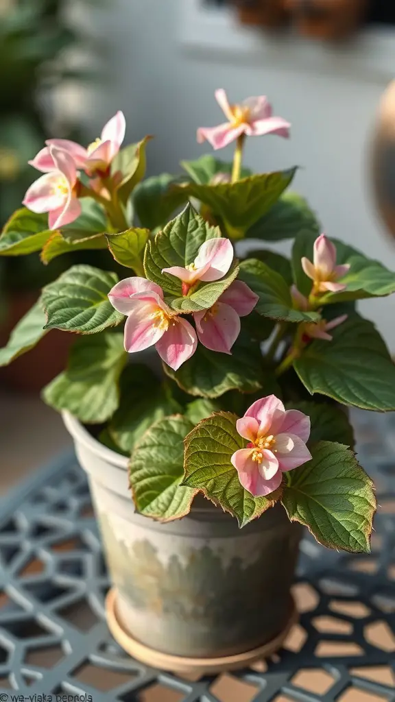 25 Beautiful Flowers Perfect for Container Gardening 14 A potted begonia plant with pink flowers and green leaves.
