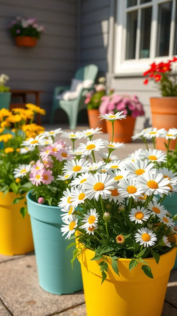 27 Stunning Potted Flowers Perfect for Your Patio 2 A sunny patio with potted daisies in yellow and teal containers, surrounded by other colorful flowers.