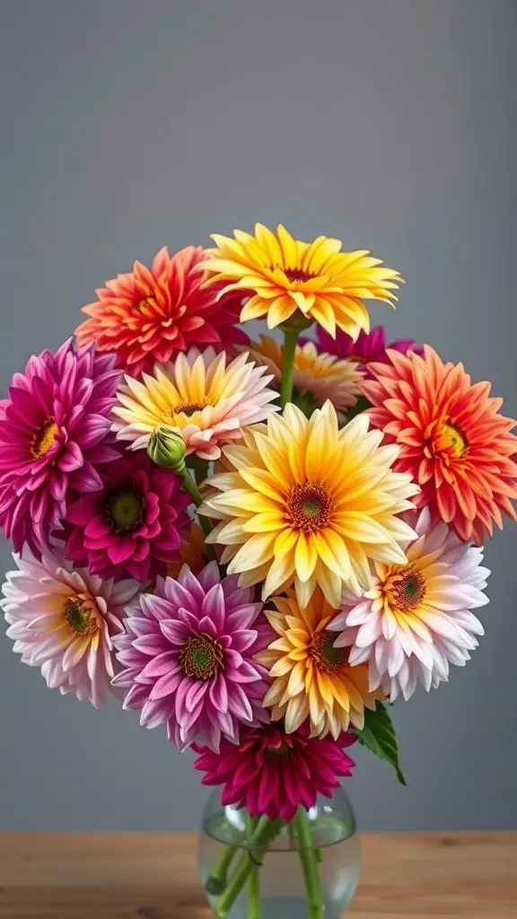 25 Beautiful Cut Flower Garden Ideas to Brighten Your Home 4 A vibrant bouquet of dahlias in various colors, including pink, yellow, and orange, arranged in a glass vase.