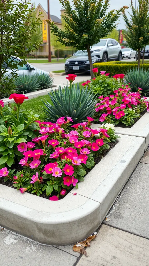 Flowerbed with decorative concrete curbs and vibrant flowers.