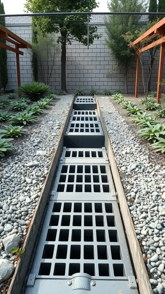 A modern drainage channel integrated into a landscaped garden with pebbles and greenery.