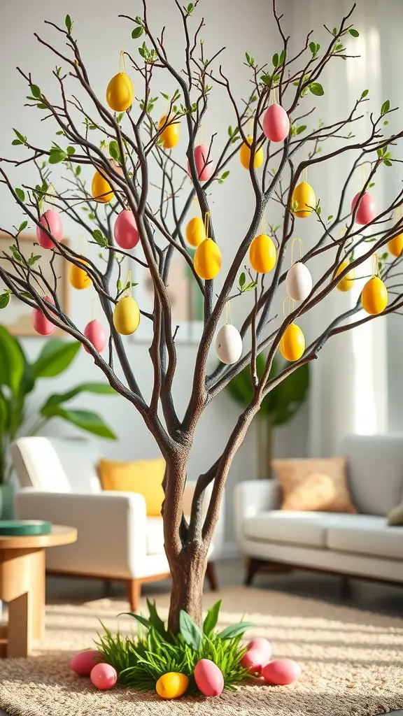 A decorative Easter egg tree with colorful eggs hanging from its branches, surrounded by green grass.