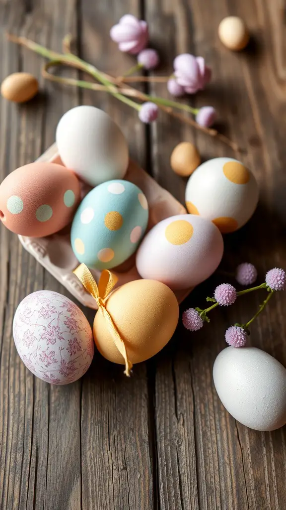 Colorful decorative Easter eggs in a basket with flowers