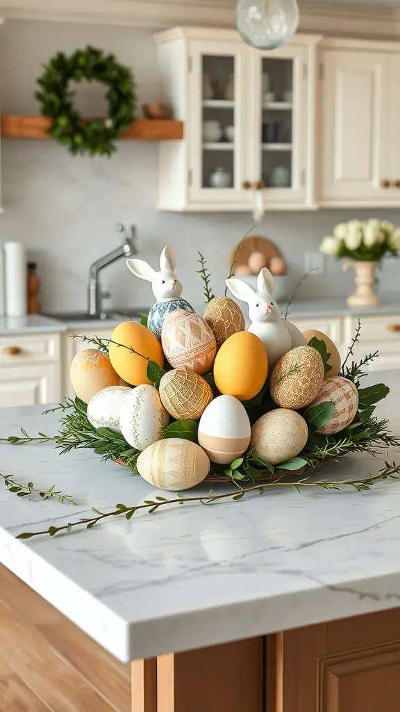 A beautifully arranged centerpiece of decorative Easter eggs and bunnies on a kitchen island.