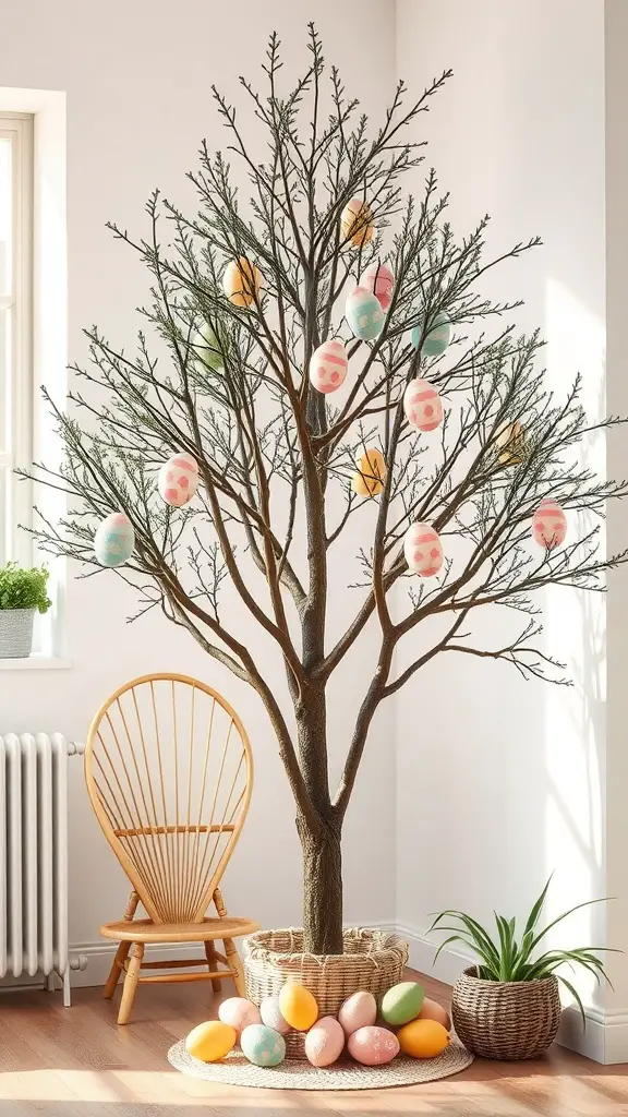 Decorative egg tree with colorful eggs hanging on branches and eggs arranged at the base.