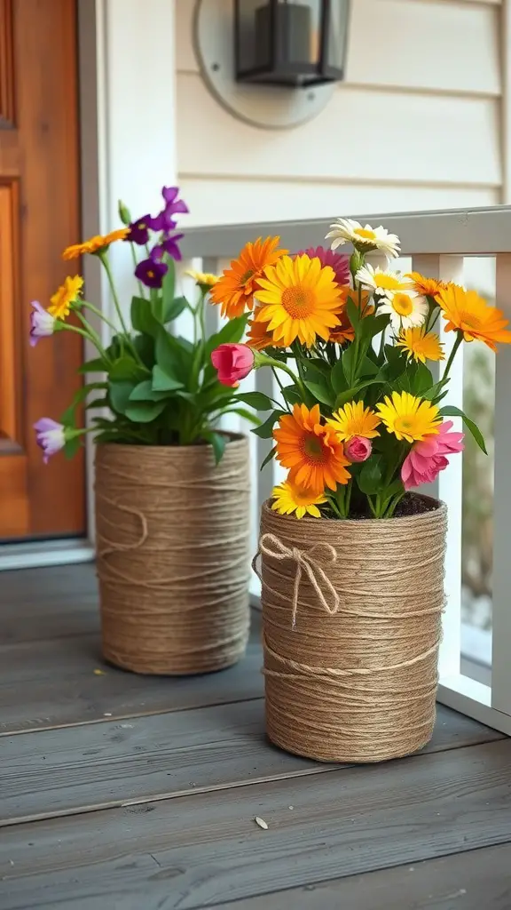 Two decorative flower pots wrapped in twine with colorful flowers on a porch