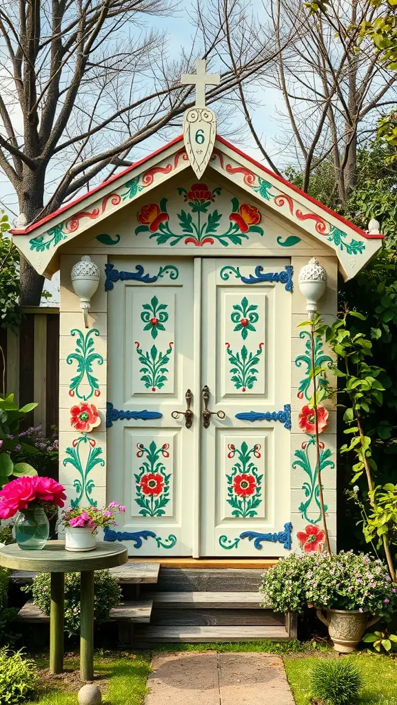 29 Creative Garden Shed Ideas for Every Backyard 25 A decorative garden shed with colorful floral designs and a peaked roof, surrounded by plants and a small table.