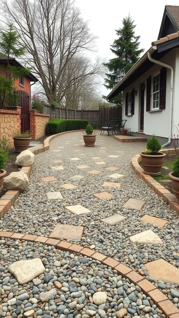 Decorative gravel driveway with stone slabs and potted plants.
