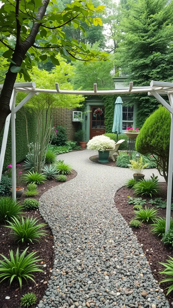 27 Creative Corner Landscaping Ideas for Your Garden 20 A winding gravel pathway surrounded by lush plants and flowers, leading to a cozy garden area.