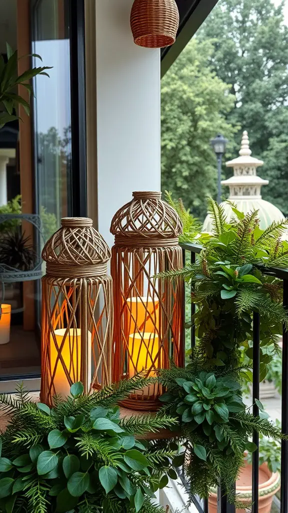 Decorative lanterns and greenery on a balcony