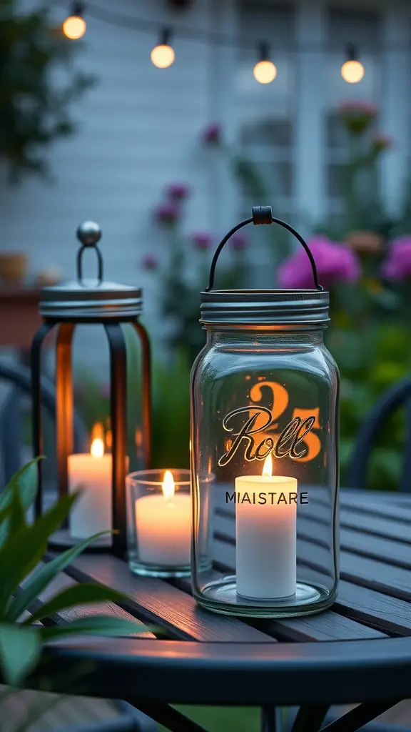 Decorative mason jar lanterns with candles on a table, surrounded by flowers and string lights.