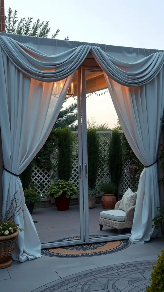 A cozy patio featuring light blue decorative curtains framing a doorway, with greenery in the background.