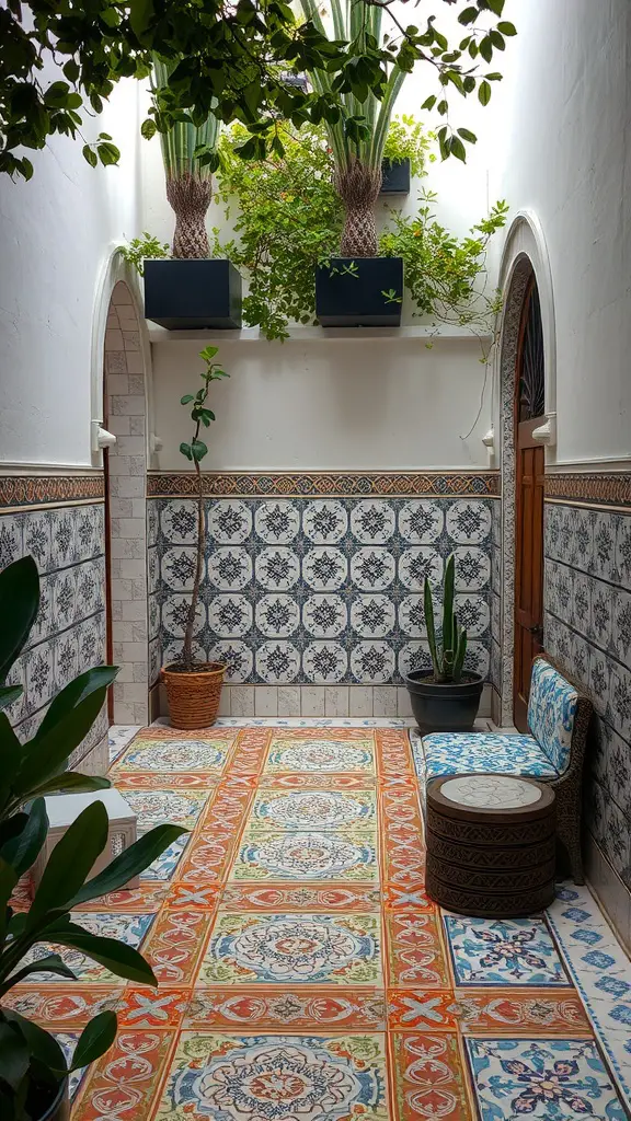 25 Creative Small Patio Ideas for Your Outdoor Space 5 A vibrant patio with decorative tiles featuring a mix of colors and patterns, complemented by plants in pots.
