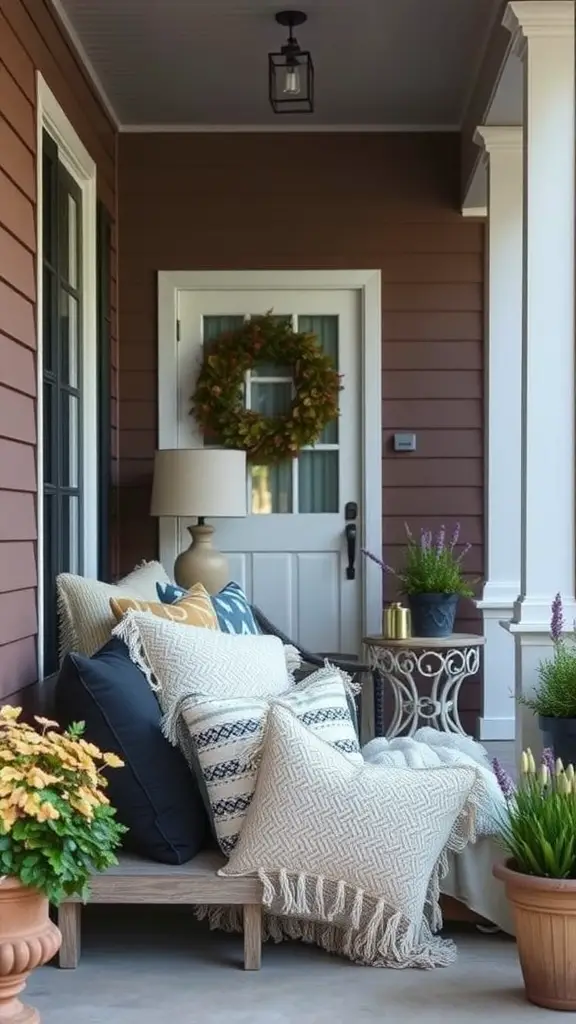 27 Cozy Front Porch Ideas for a Welcoming Home 21 A cozy front porch with decorative pillows in various fabrics and colors.