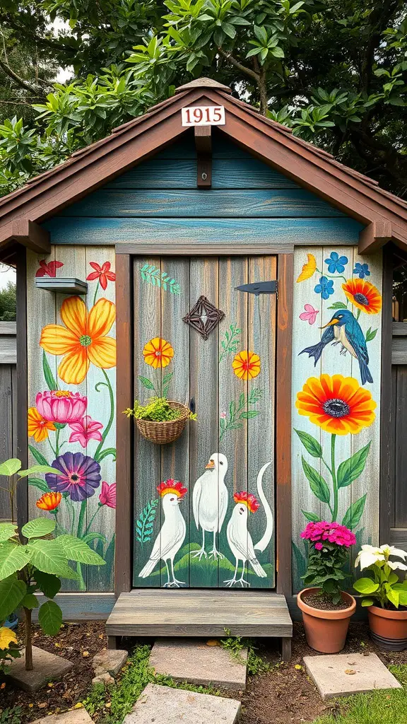 25 Creative Garden Shed Ideas for Your Outdoor Space 13 A decorative garden shed featuring colorful artwork of flowers and birds.