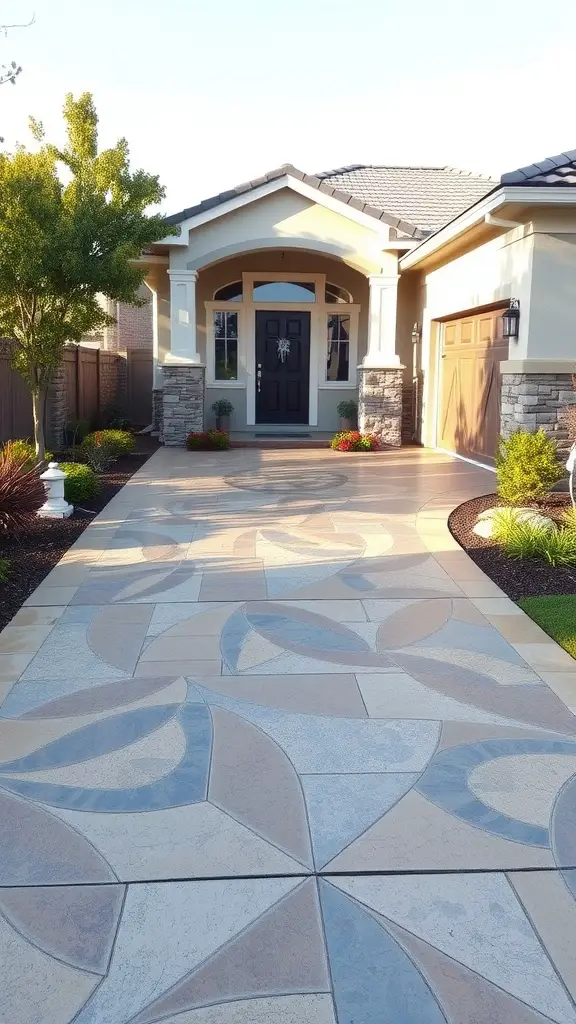 19 Creative Driveway Ideas to Enhance Your Curb Appeal 4 A decorative stamped concrete driveway with unique patterns leading to a modern home.