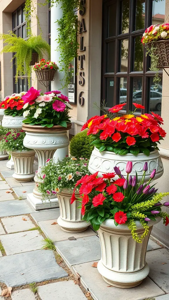 A row of decorative stone planters filled with colorful flowers, placed outside a building.