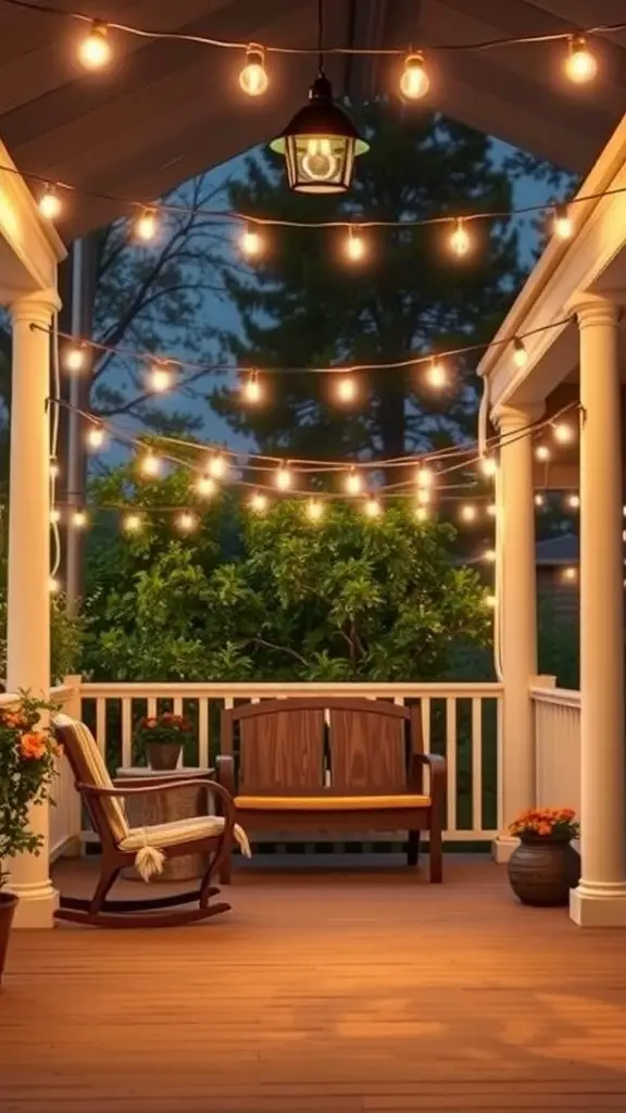 Cozy front porch with decorative string lights hanging overhead, featuring a rocking chair and a bench surrounded by plants.