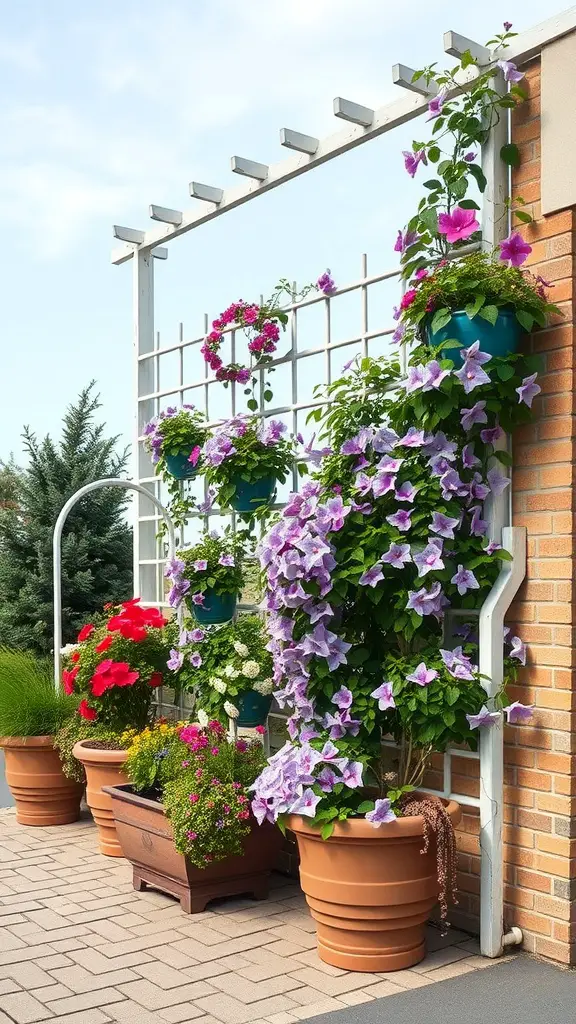 21 Stunning Clematis Trellis Ideas for Your Garden 11 Decorative trellis with vibrant flowers in planters.