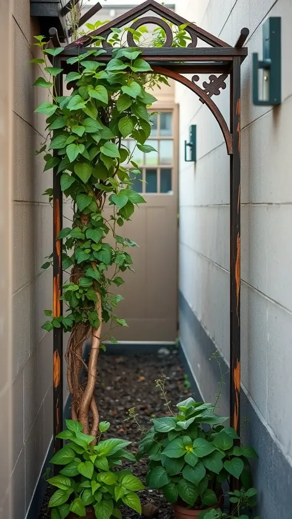 Decorative trellis with climbing plants in a narrow side yard