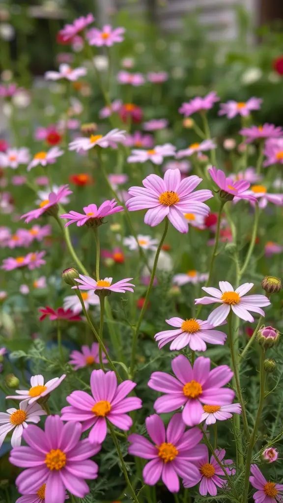 25 Beautiful Cut Flower Garden Ideas to Brighten Your Home 26 A vibrant patch of cosmos flowers with pink petals and yellow centers in a garden.