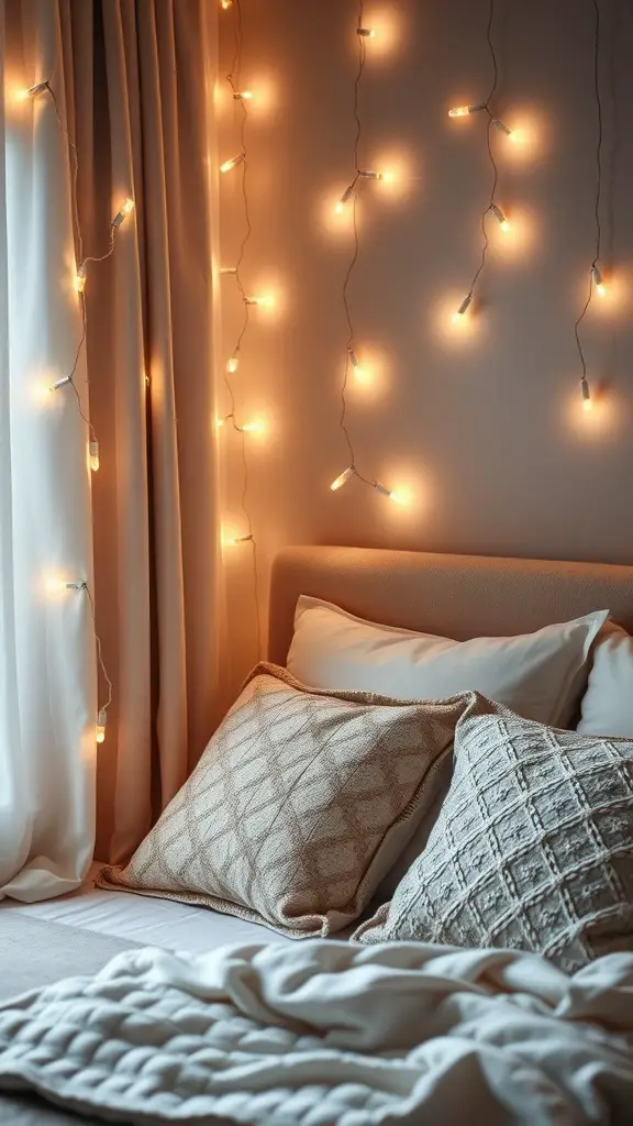 A cozy bedroom with fairy lights hanging on the wall, creating a warm and inviting atmosphere.