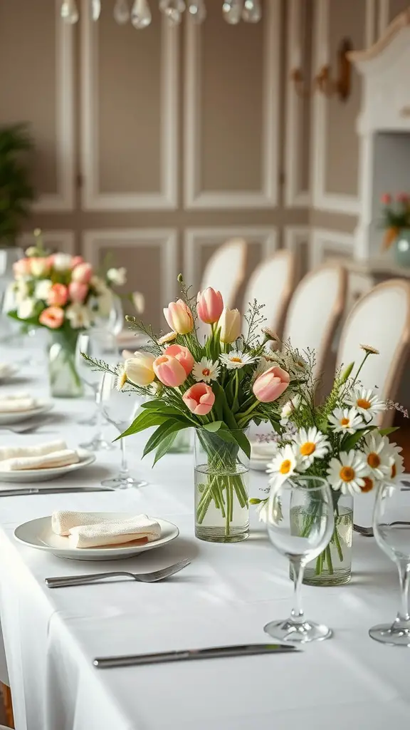 A beautifully set dining table with delicate floral centerpieces featuring tulips and daisies.