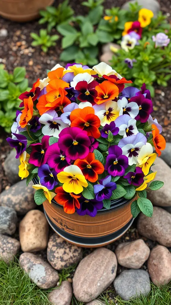 25 Beautiful Flowers Perfect for Container Gardening 7 Colorful arrangement of pansies in a container surrounded by stones.