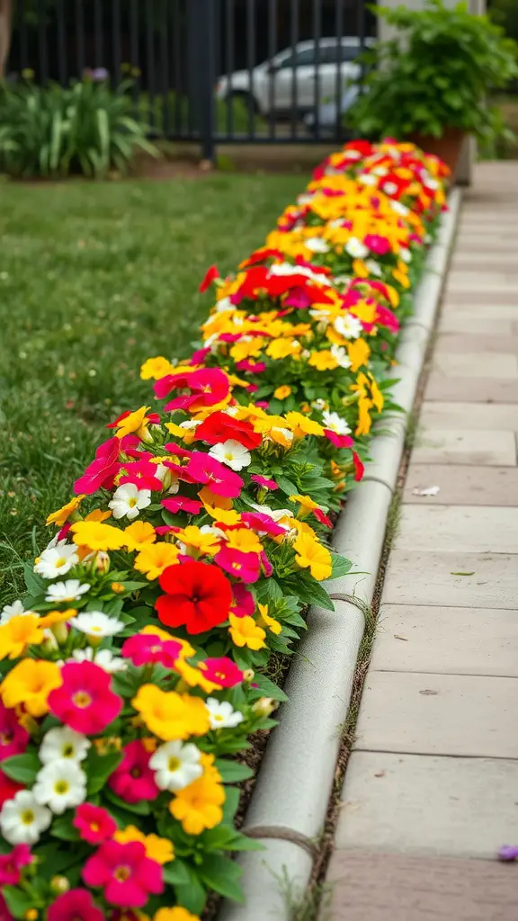 27 Stunning Potted Flowers Perfect for Your Patio 4 A vibrant row of potted petunias in red, yellow, and pink lining a patio, with green grass in the background.