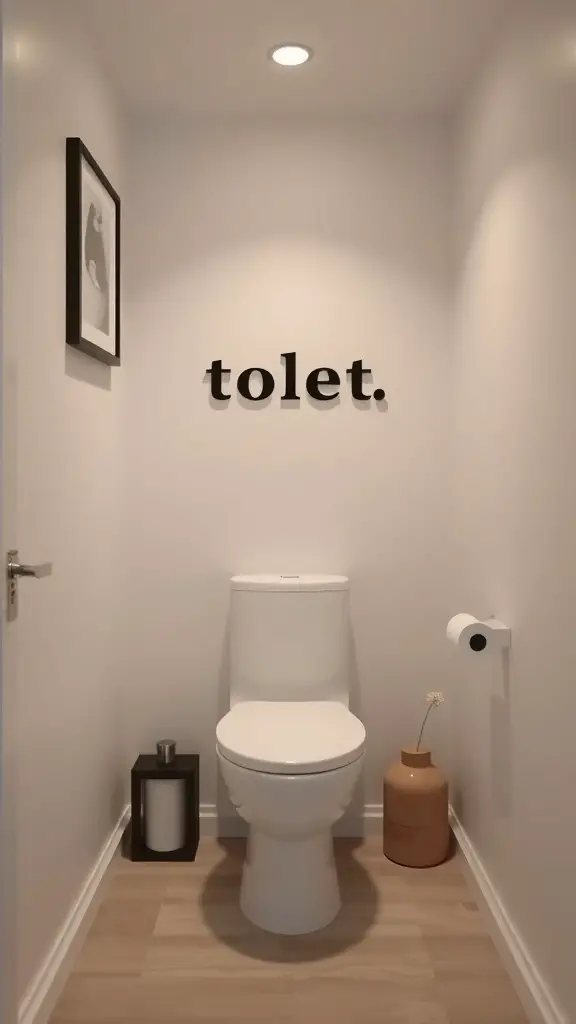 A minimalist small toilet room with a white toilet, light-colored walls, and simple decor.