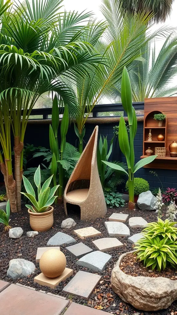 Small garden featuring tropical plants, a unique seating area, and decorative stones.