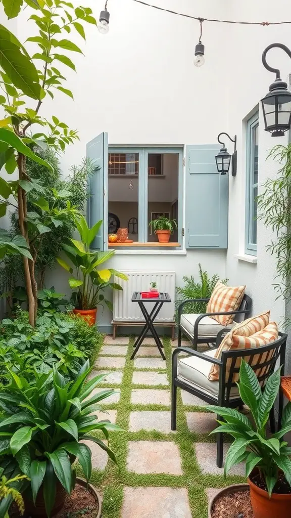 A small garden with two chairs, a table, and various plants, creating a cozy relaxation space.