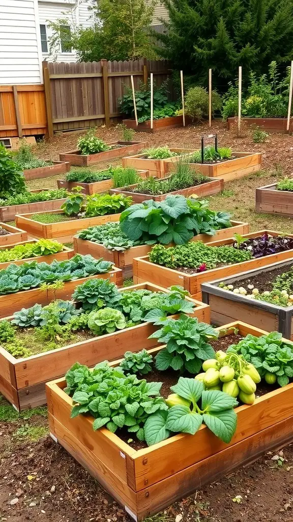 A sloped backyard with multiple raised garden beds filled with various vegetables and herbs.