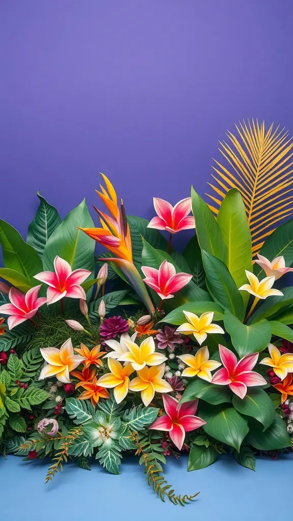 31 Stunning Tropical Garden Design Ideas for Your Backyard 20 Vibrant tropical flowers in shades of pink, yellow, and orange against a purple background, showcasing a lush garden design.