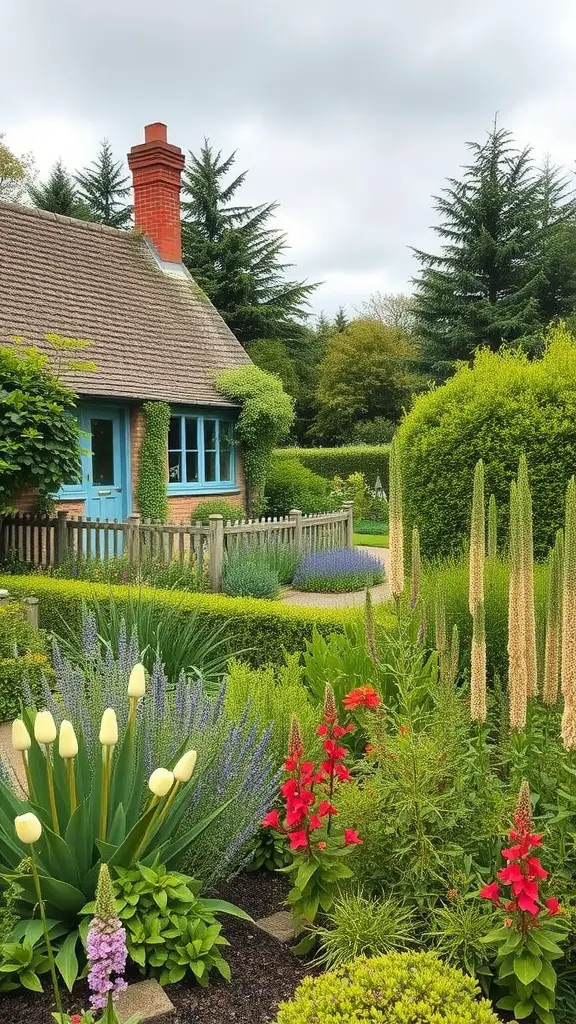 23 Stunning Cottage Garden Design Ideas for a Charming Outdoor Space 16 A cottage garden showcasing native plants with a variety of flowers and greenery surrounding a cozy home.