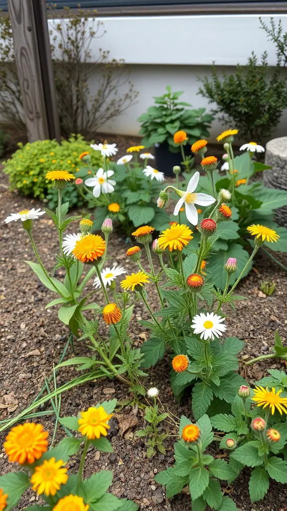 Colorful small garden with yellow, white, and orange perennial flowers.