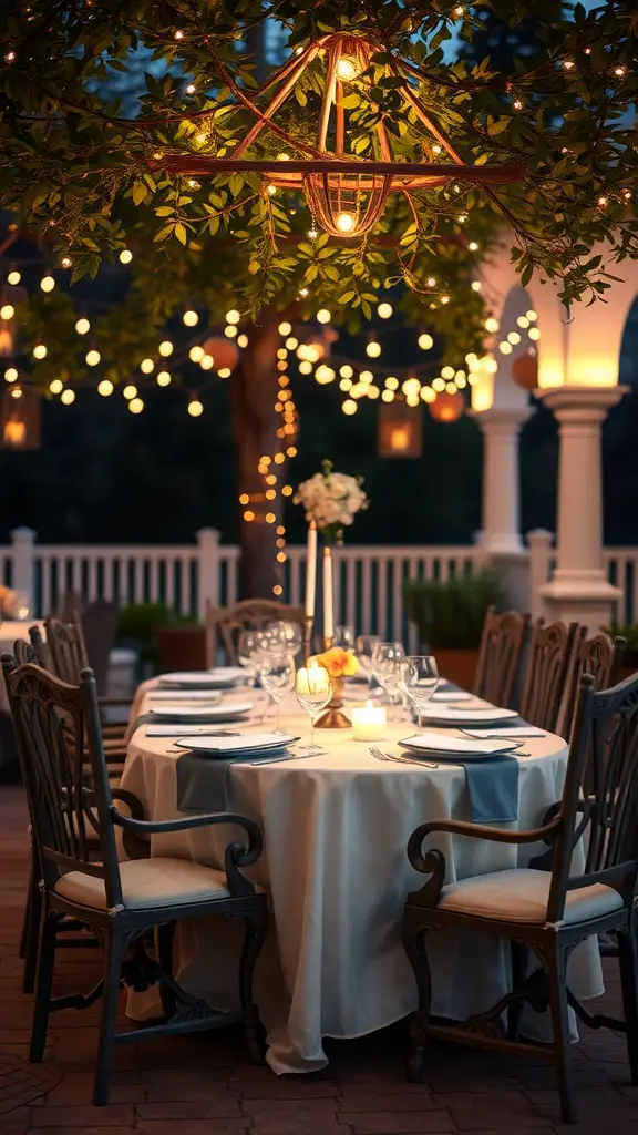 25 Stunning Outdoor Terrace Ideas to Transform Your Space 6 An elegantly set dining table outdoors under twinkling lights and lush greenery, creating a cozy atmosphere.