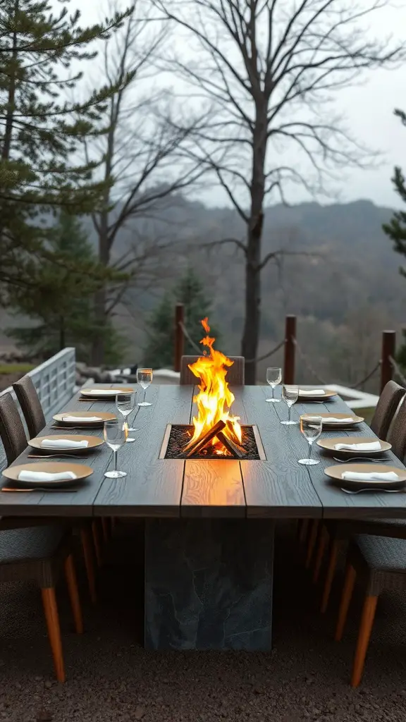 35 Creative Backyard Kitchen Ideas for Outdoor Cooking Enthusiasts 26 Outdoor dining table with a central fire pit, surrounded by chairs in a natural setting.